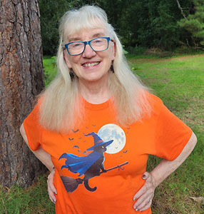 Susan wearing Flying Witchy Cat